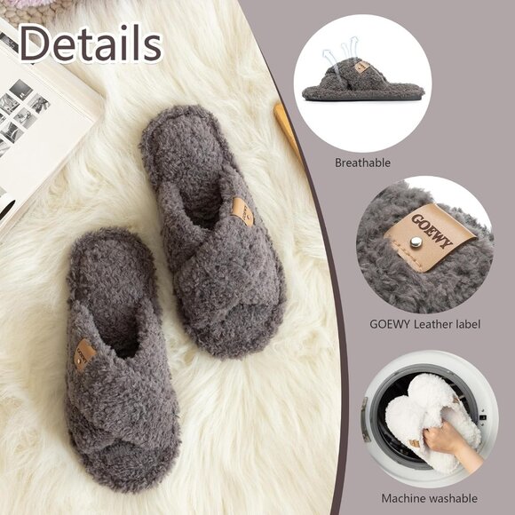 ⚡Women’s Grey Faux Fur Cozy Fuzzy Cross Band Slippers Indoor House Shoes - Picture 4 of 6